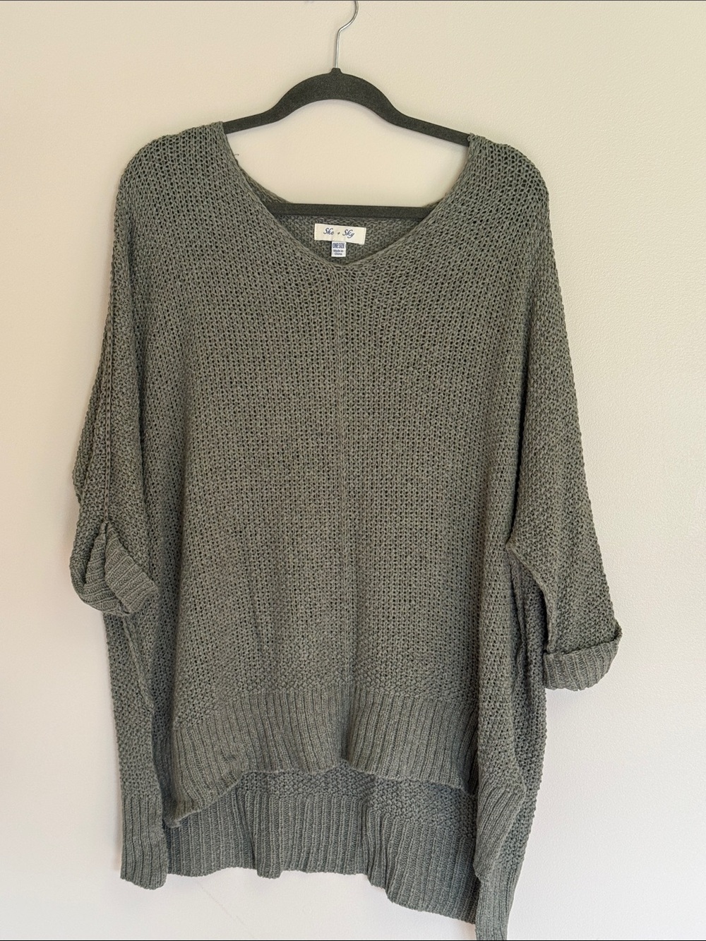 She + Sky Olive V-Neck Loose Knit Sweater